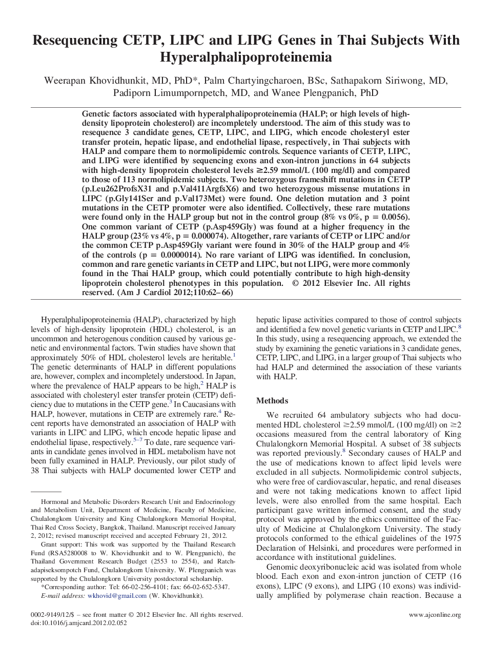 Resequencing CETP, LIPC and LIPG Genes in Thai Subjects With Hyperalphalipoproteinemia 