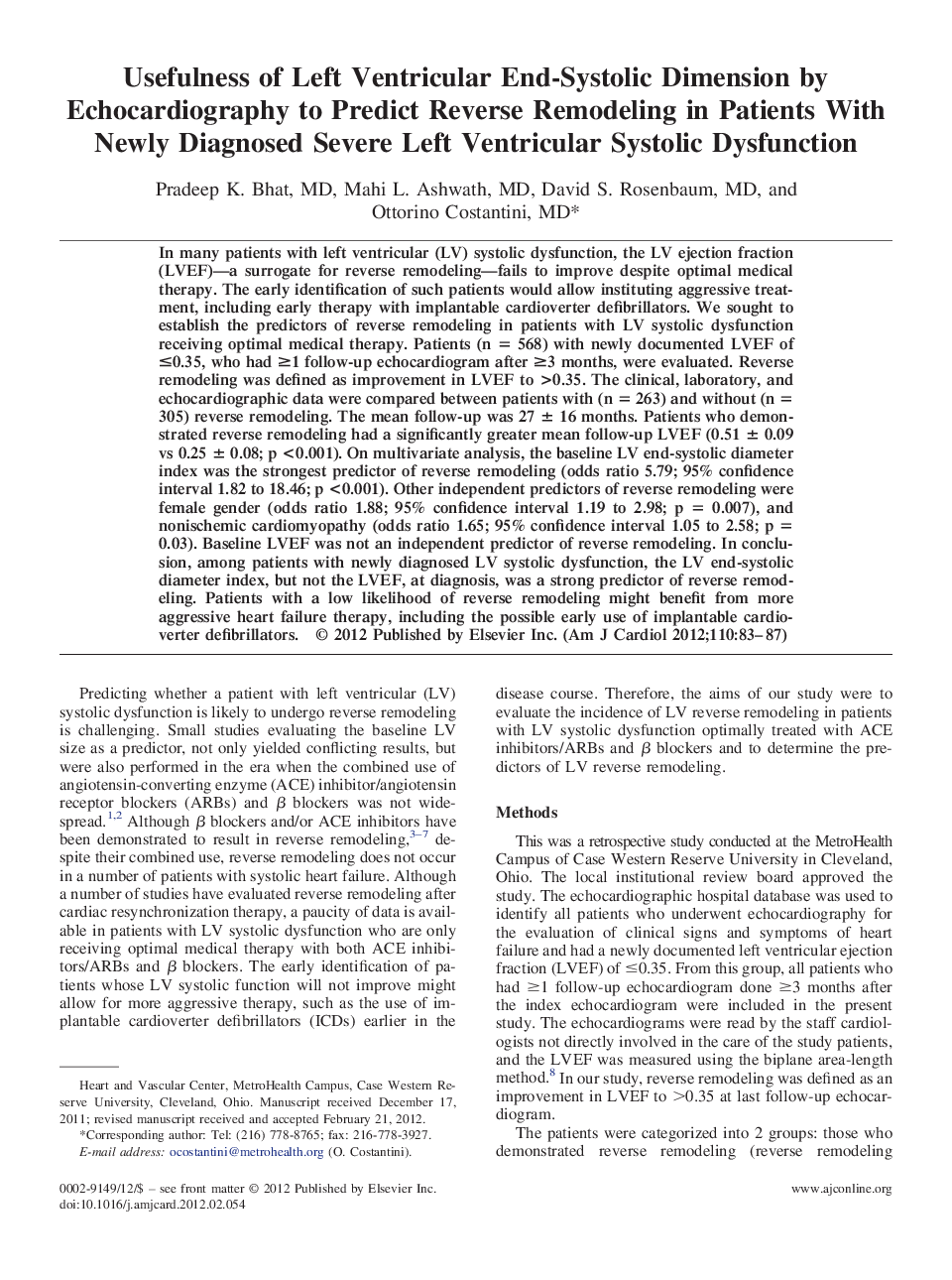 Usefulness of Left Ventricular End-Systolic Dimension by Echocardiography to Predict Reverse Remodeling in Patients With Newly Diagnosed Severe Left Ventricular Systolic Dysfunction