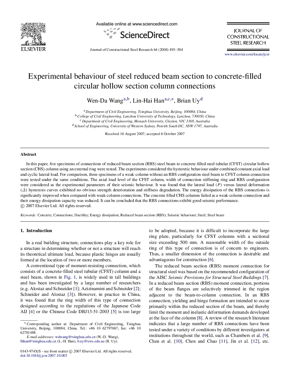 Experimental behaviour of steel reduced beam section to concrete-filled circular hollow section column connections