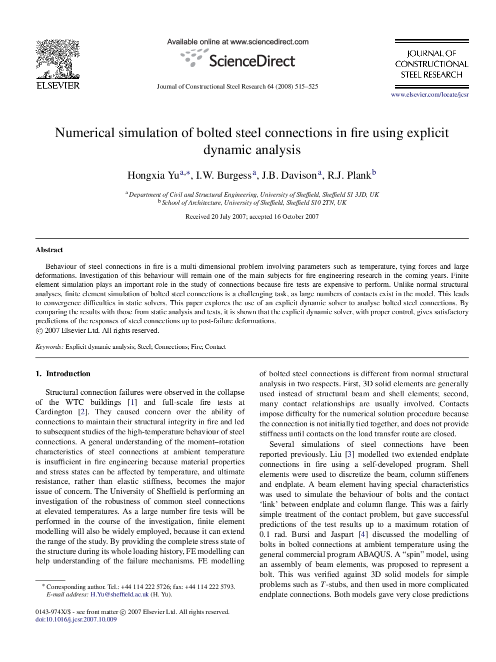 Numerical simulation of bolted steel connections in fire using explicit dynamic analysis