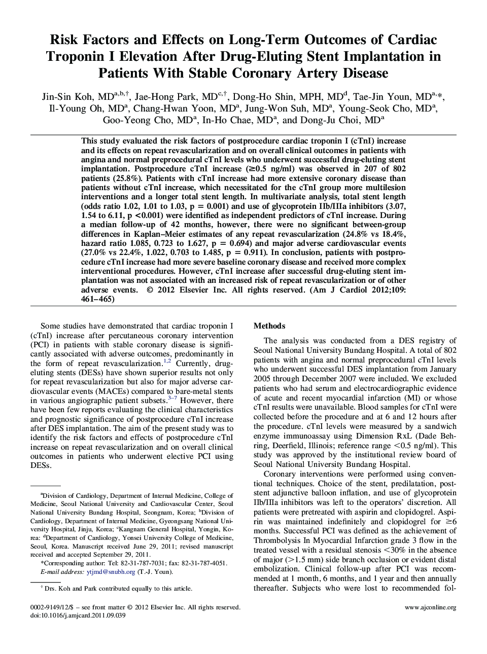 Risk Factors and Effects on Long-Term Outcomes of Cardiac Troponin I Elevation After Drug-Eluting Stent Implantation in Patients With Stable Coronary Artery Disease