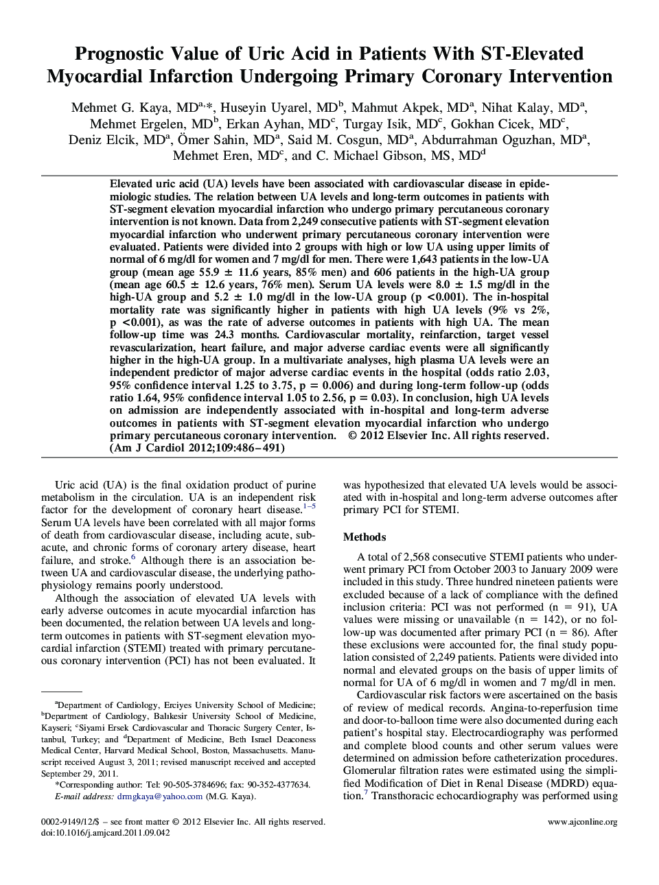 Prognostic Value of Uric Acid in Patients With ST-Elevated Myocardial Infarction Undergoing Primary Coronary Intervention