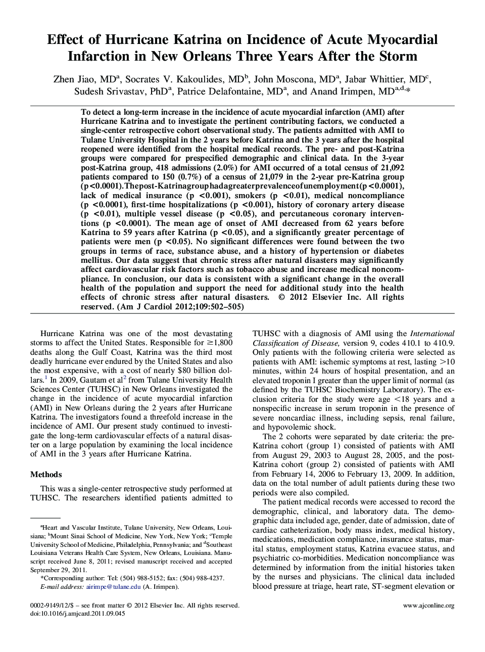 Effect of Hurricane Katrina on Incidence of Acute Myocardial Infarction in New Orleans Three Years After the Storm