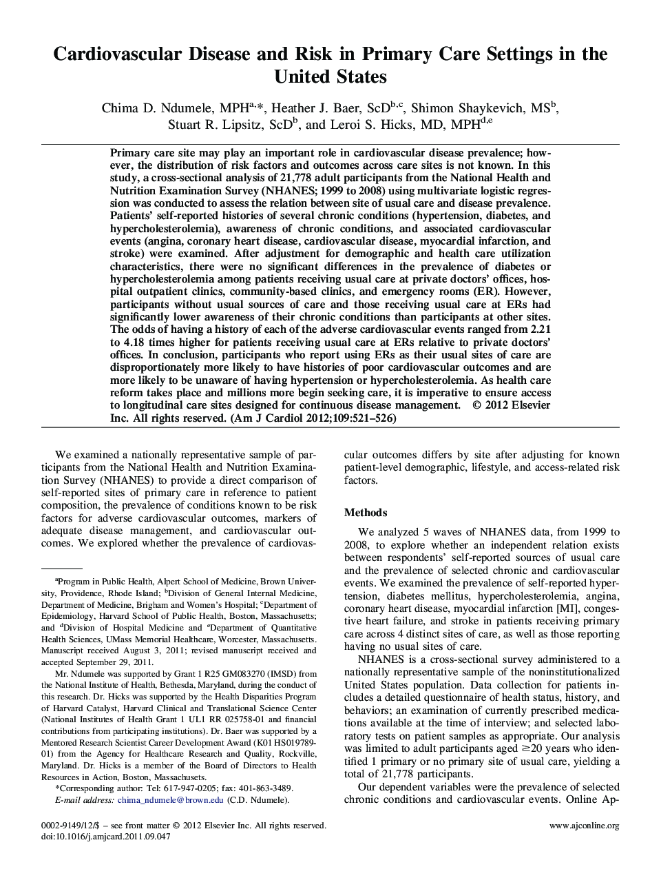 Cardiovascular Disease and Risk in Primary Care Settings in the United States 