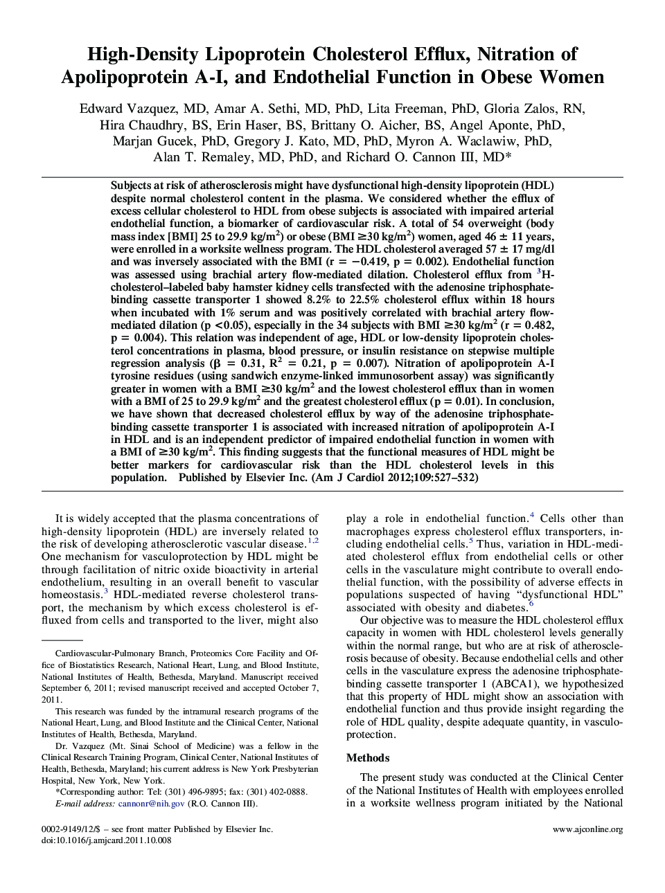 High-Density Lipoprotein Cholesterol Efflux, Nitration of Apolipoprotein A-I, and Endothelial Function in Obese Women 