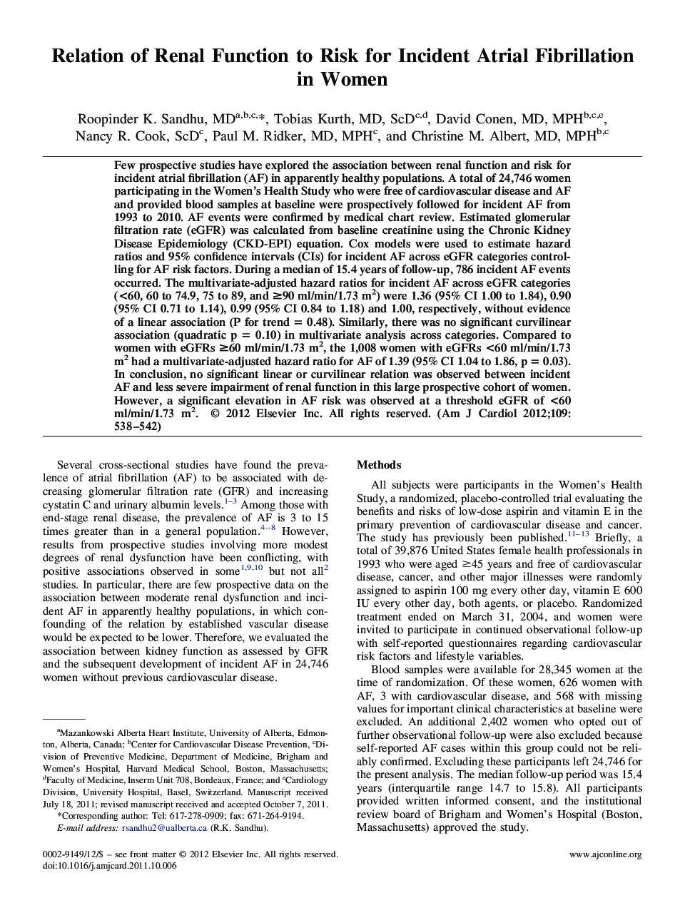 Relation of Renal Function to Risk for Incident Atrial Fibrillation in Women