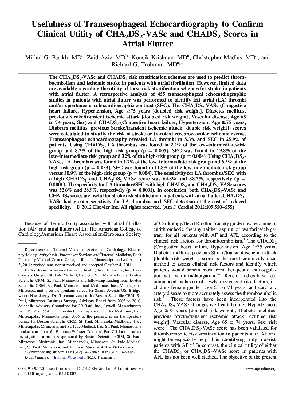 Usefulness of Transesophageal Echocardiography to Confirm Clinical Utility of CHA2DS2-VASc and CHADS2 Scores in Atrial Flutter 
