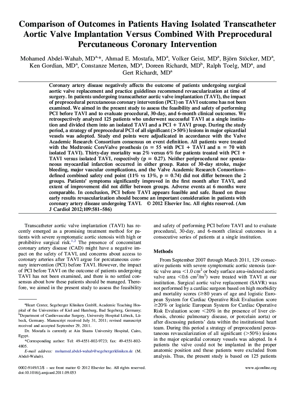 Comparison of Outcomes in Patients Having Isolated Transcatheter Aortic Valve Implantation Versus Combined With Preprocedural Percutaneous Coronary Intervention 