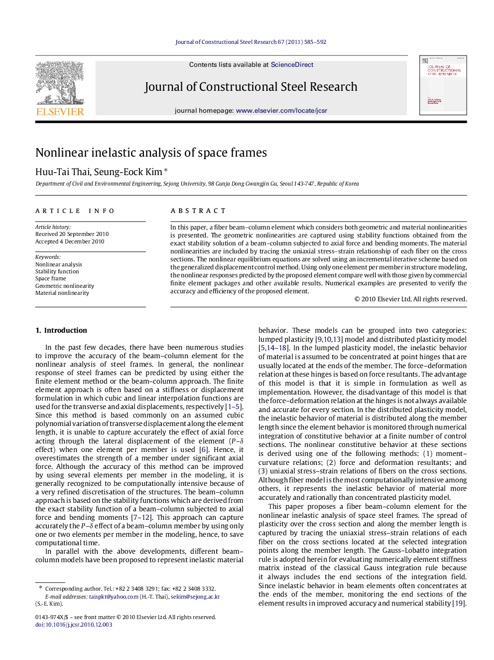 Nonlinear inelastic analysis of space frames