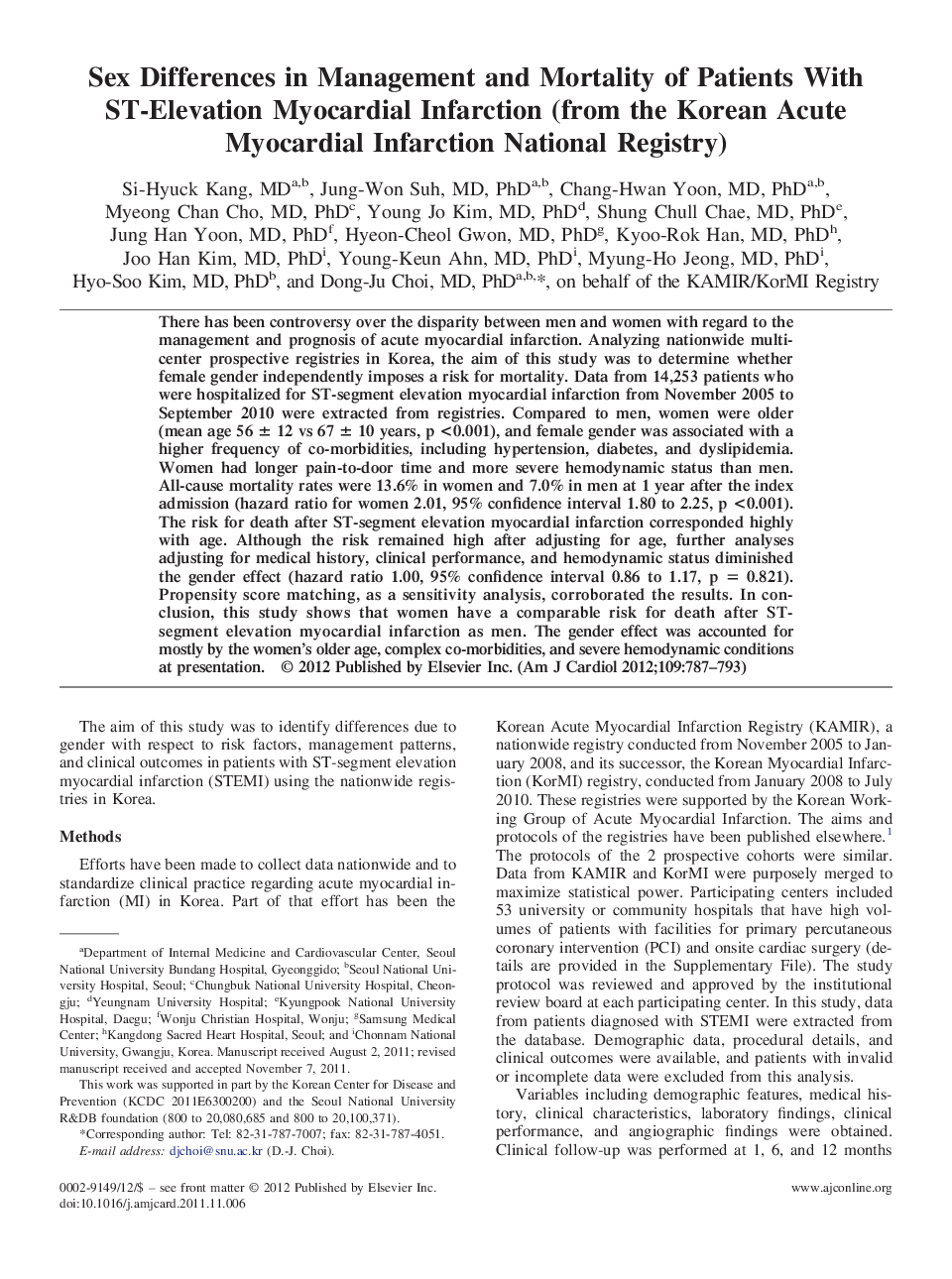 Sex Differences in Management and Mortality of Patients With ST-Elevation Myocardial Infarction (from the Korean Acute Myocardial Infarction National Registry) 