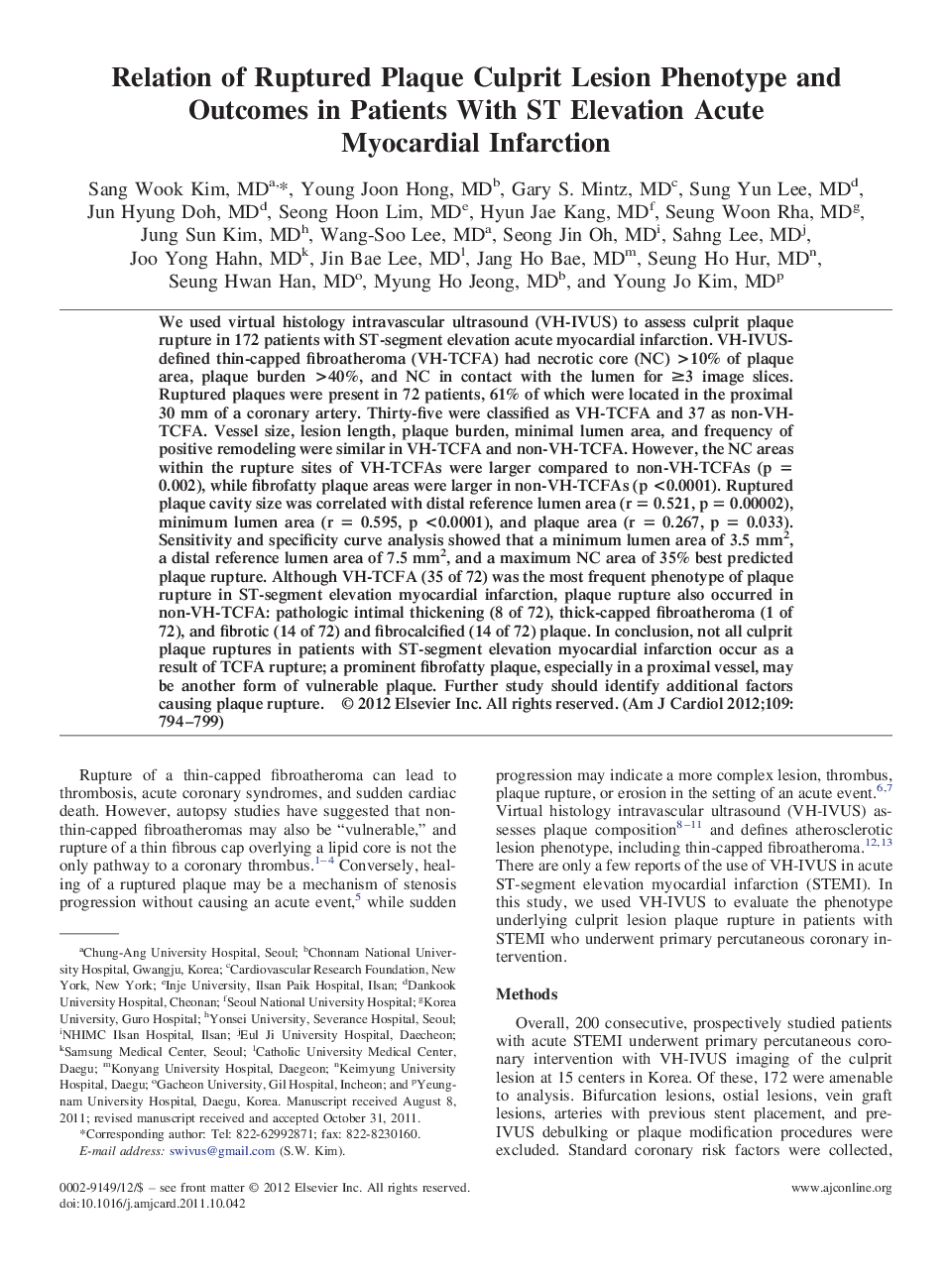 Relation of Ruptured Plaque Culprit Lesion Phenotype and Outcomes in Patients With ST Elevation Acute Myocardial Infarction