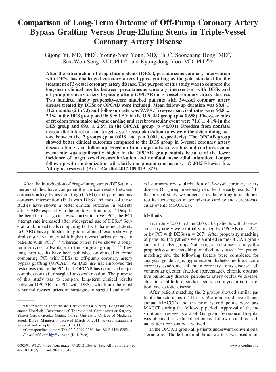Comparison of Long-Term Outcome of Off-Pump Coronary Artery Bypass Grafting Versus Drug-Eluting Stents in Triple-Vessel Coronary Artery Disease