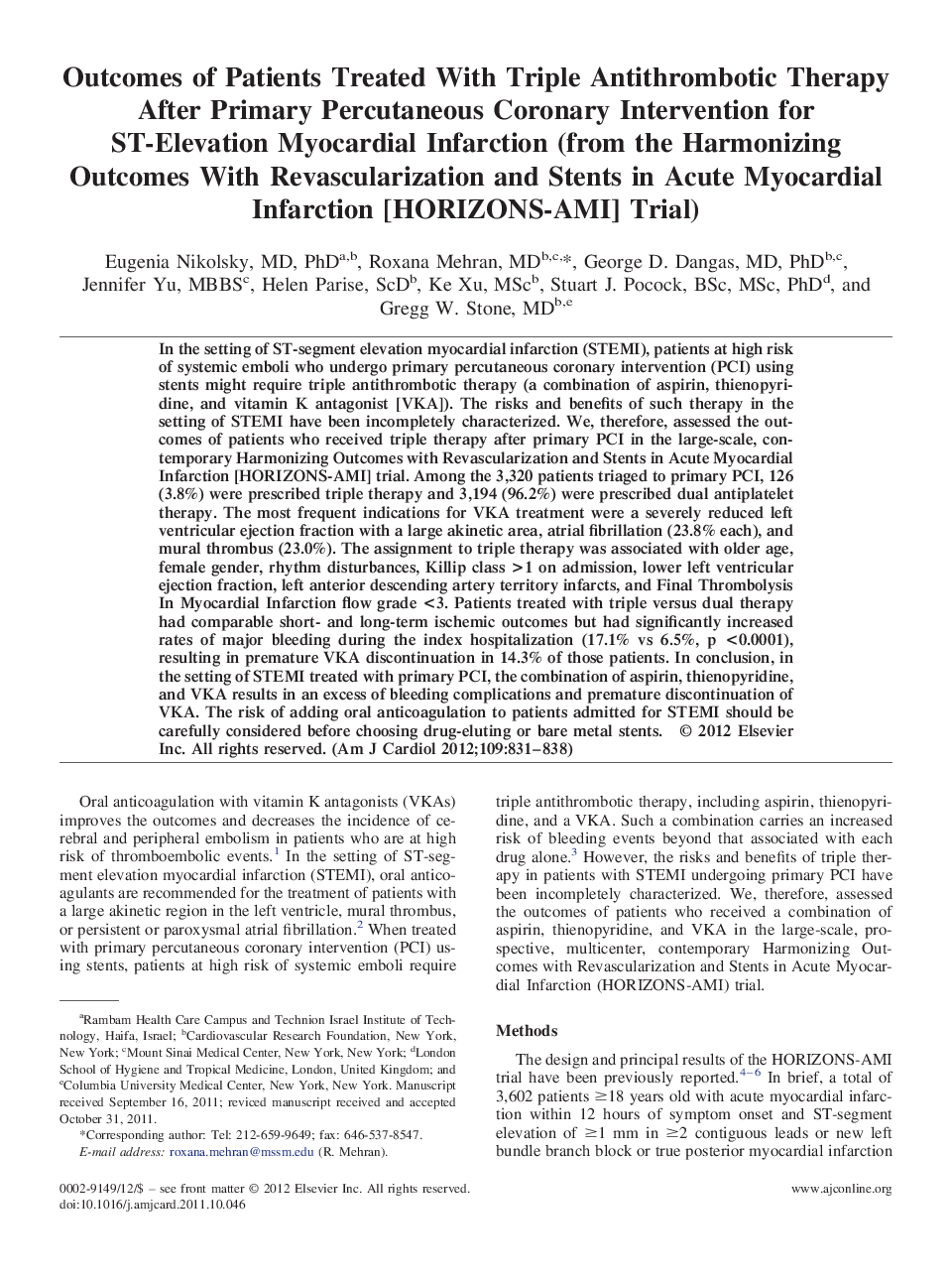 Outcomes of Patients Treated With Triple Antithrombotic Therapy After Primary Percutaneous Coronary Intervention for ST-Elevation Myocardial Infarction (from the Harmonizing Outcomes With Revascularization and Stents in Acute Myocardial Infarction [HORIZO
