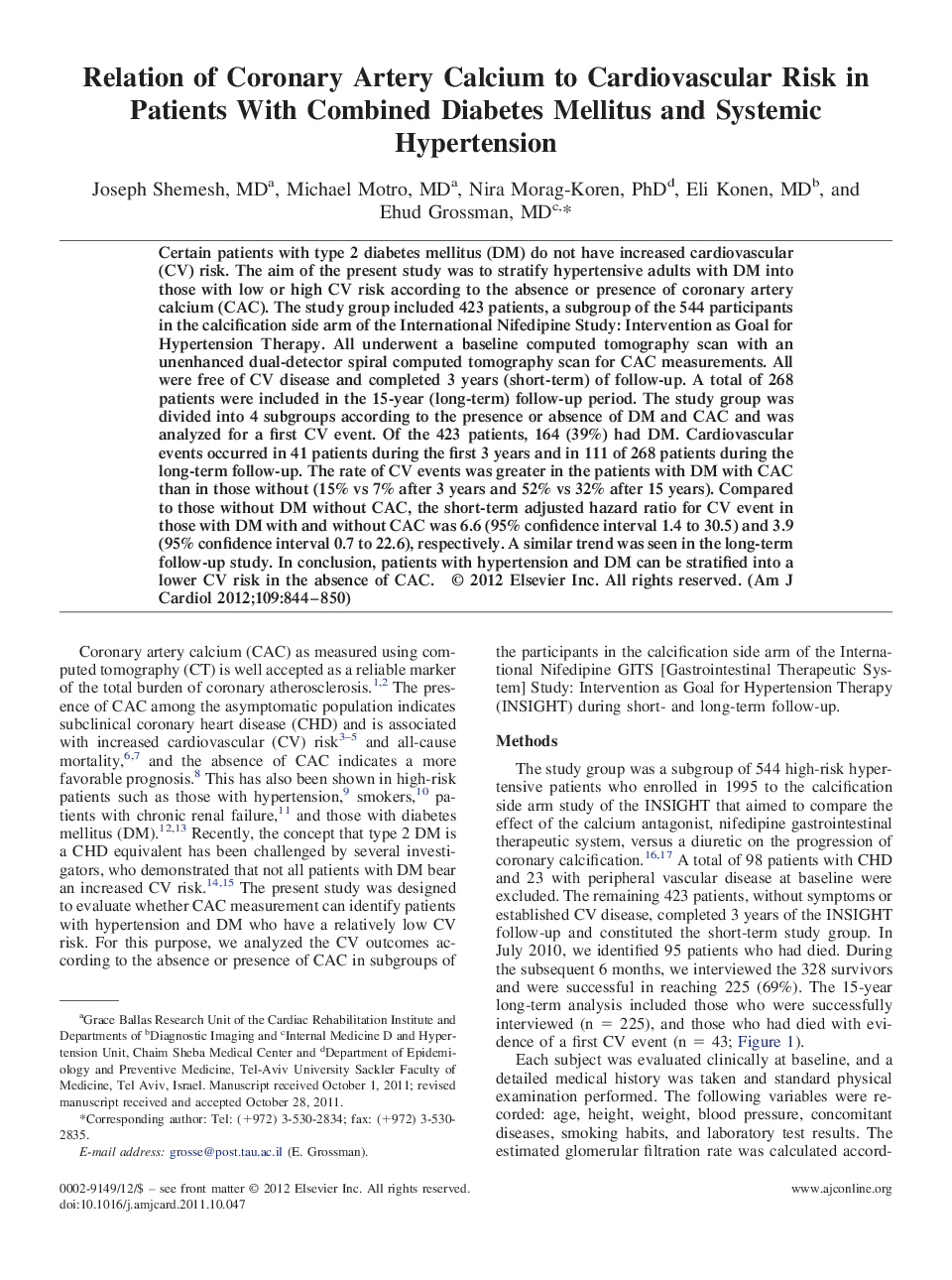 Relation of Coronary Artery Calcium to Cardiovascular Risk in Patients With Combined Diabetes Mellitus and Systemic Hypertension