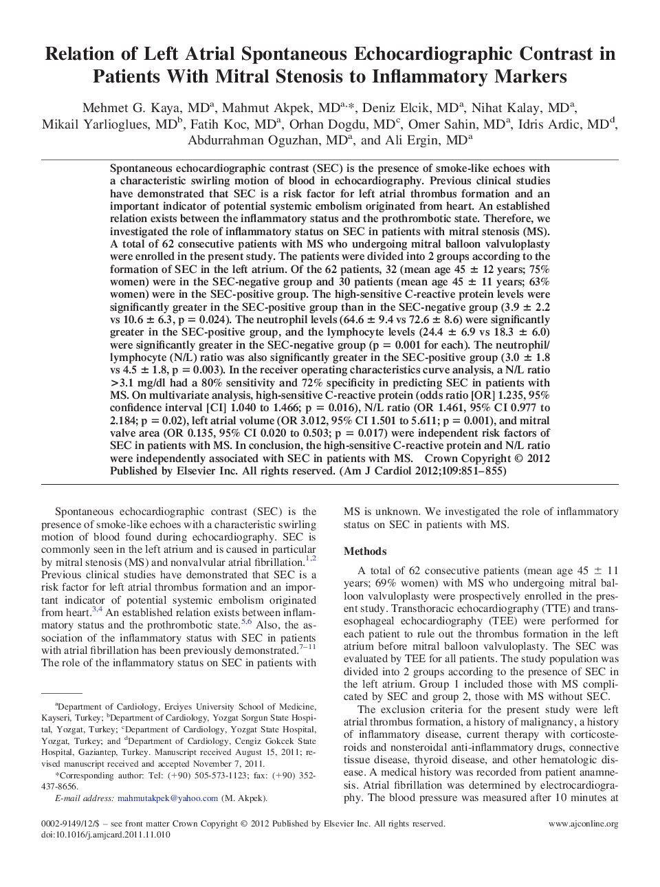 Relation of Left Atrial Spontaneous Echocardiographic Contrast in Patients With Mitral Stenosis to Inflammatory Markers