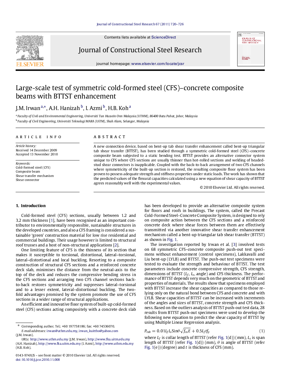 Large-scale test of symmetric cold-formed steel (CFS)–concrete composite beams with BTTST enhancement