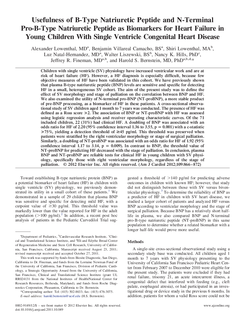 Usefulness of B-Type Natriuretic Peptide and N-Terminal Pro-B-Type Natriuretic Peptide as Biomarkers for Heart Failure in Young Children With Single Ventricle Congenital Heart Disease 