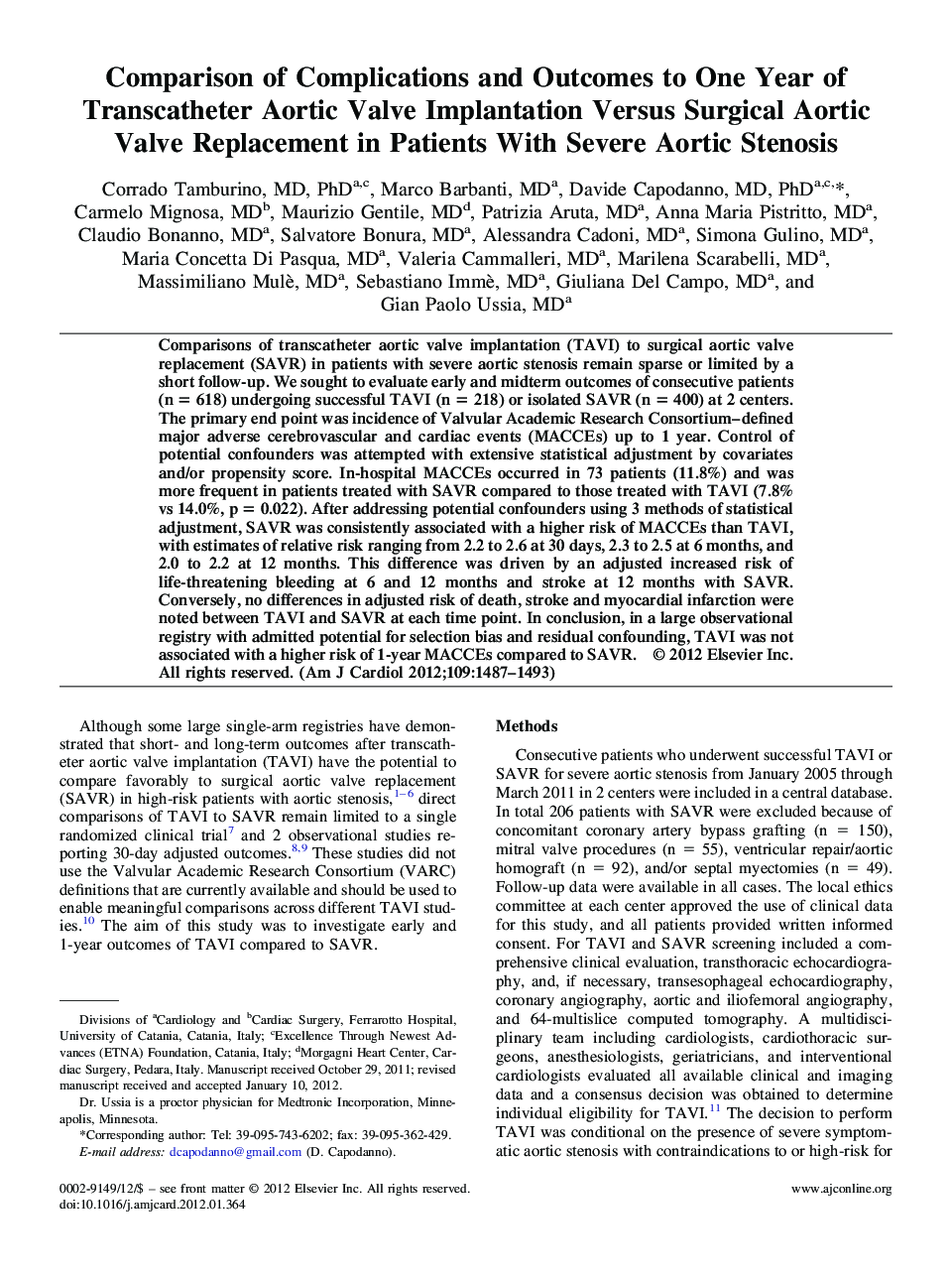 Comparison of Complications and Outcomes to One Year of Transcatheter Aortic Valve Implantation Versus Surgical Aortic Valve Replacement in Patients With Severe Aortic Stenosis 