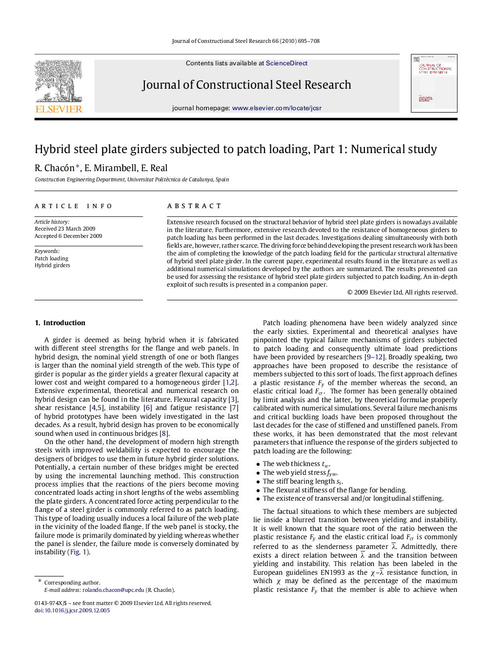 Hybrid steel plate girders subjected to patch loading, Part 1: Numerical study