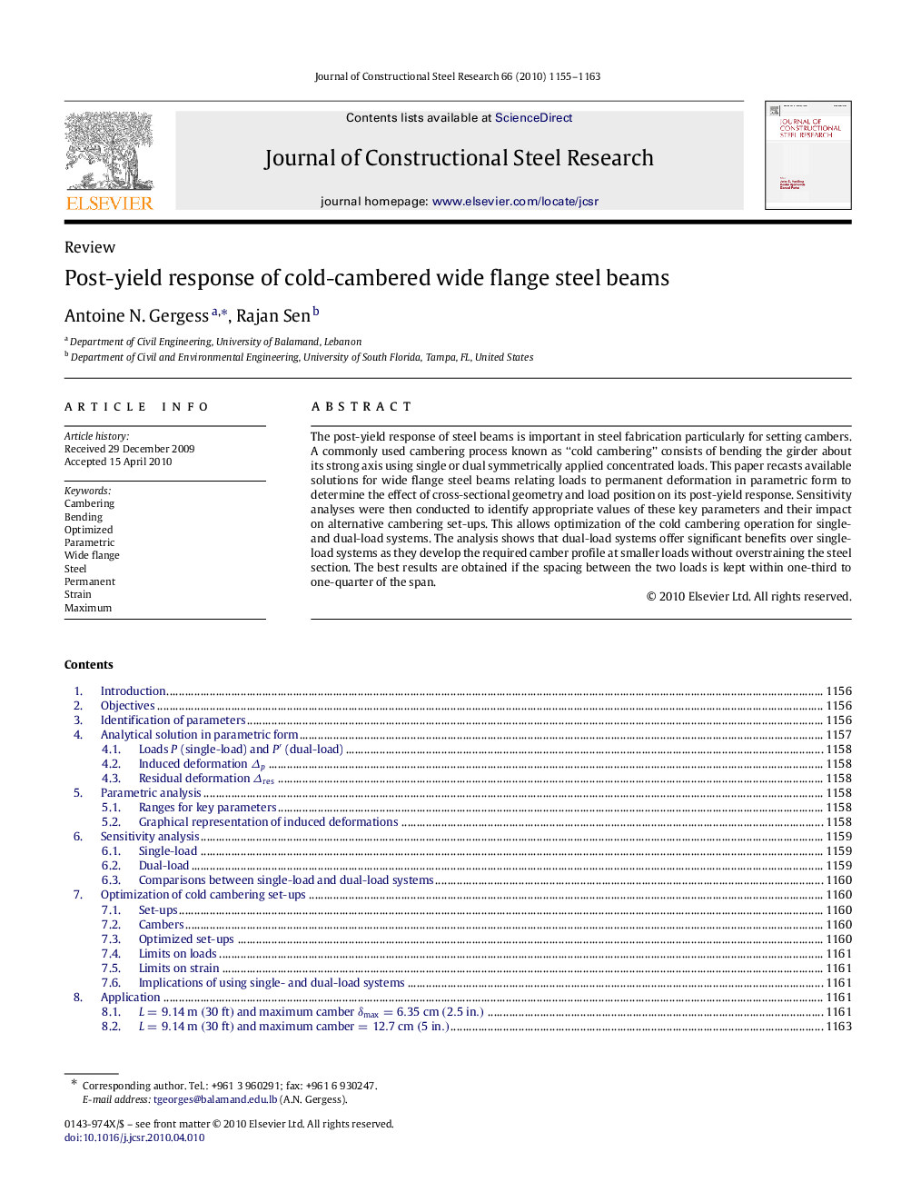 عکس صفحه اول مقاله: Post-yield response of cold-cambered wide flange steel beams Post-yield response of cold-cambered wide flange steel beams