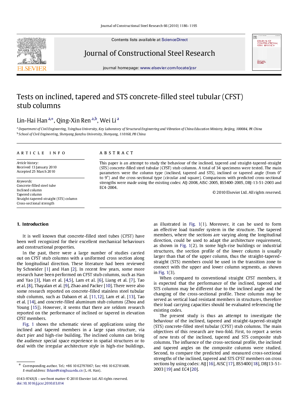 Tests on inclined, tapered and STS concrete-filled steel tubular (CFST) stub columns