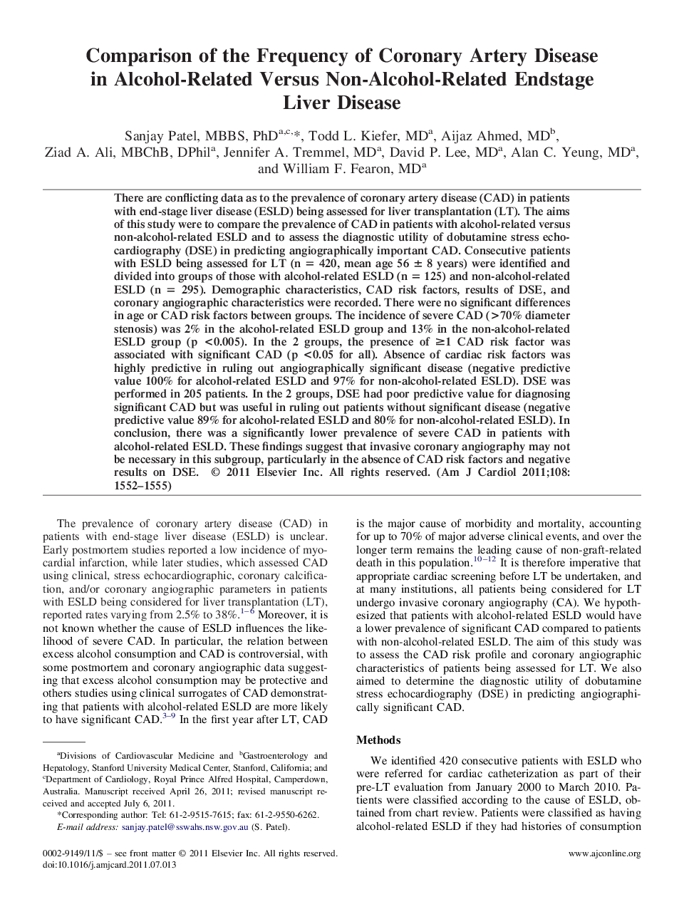 Comparison of the Frequency of Coronary Artery Disease in Alcohol-Related Versus Non-Alcohol-Related Endstage Liver Disease