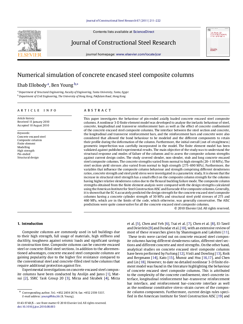 Numerical simulation of concrete encased steel composite columns