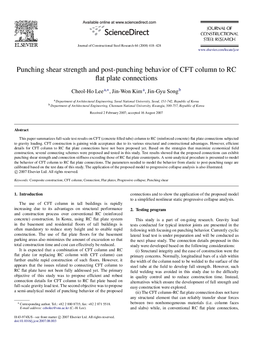 Punching shear strength and post-punching behavior of CFT column to RC flat plate connections