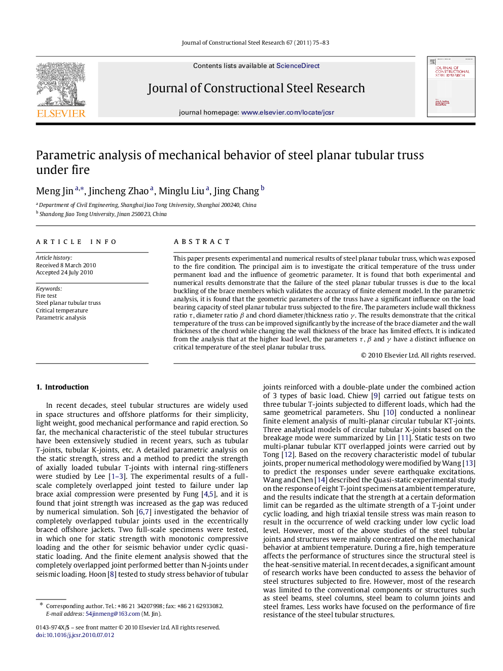 Parametric analysis of mechanical behavior of steel planar tubular truss under fire