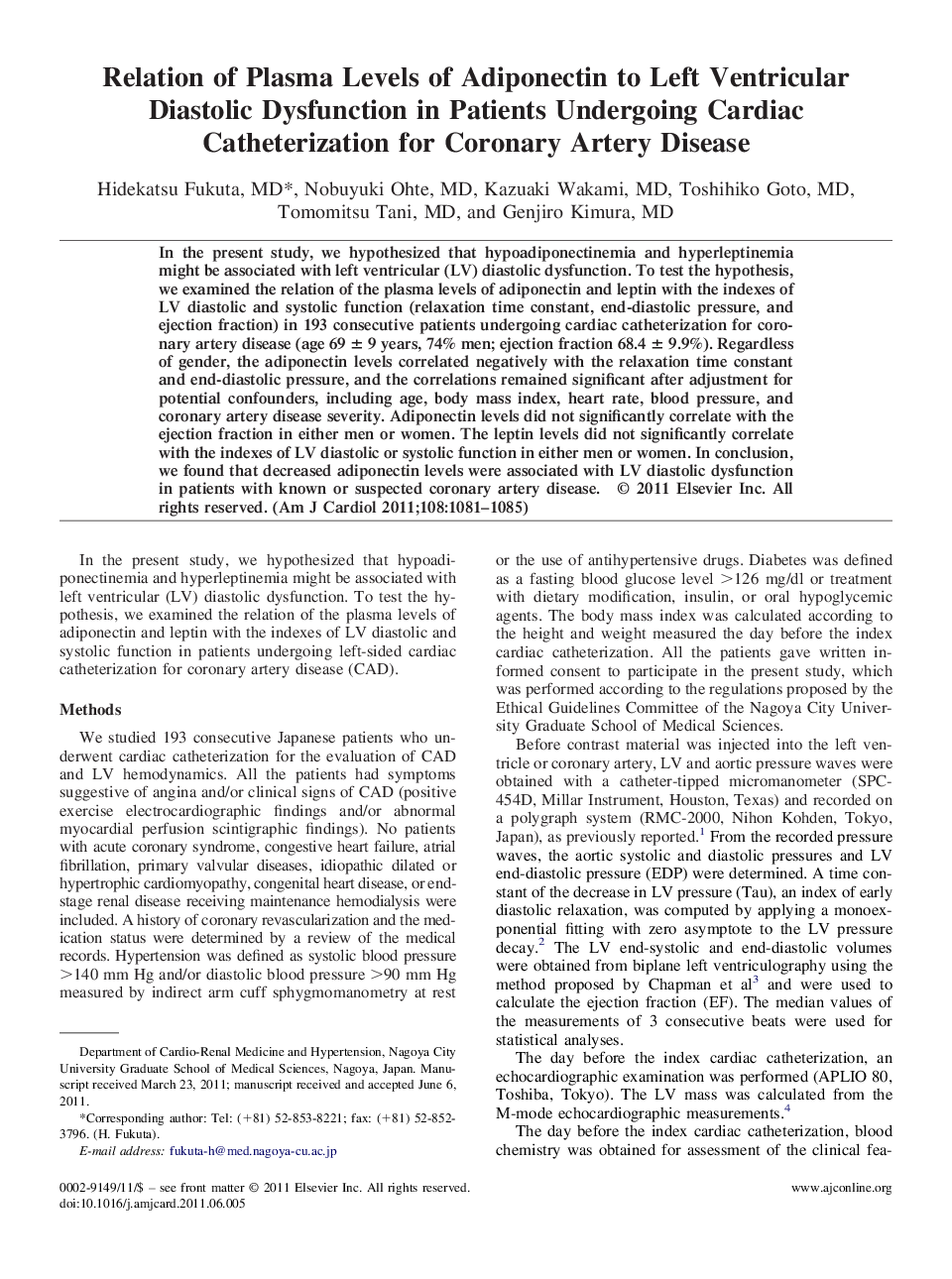 Relation of Plasma Levels of Adiponectin to Left Ventricular Diastolic Dysfunction in Patients Undergoing Cardiac Catheterization for Coronary Artery Disease