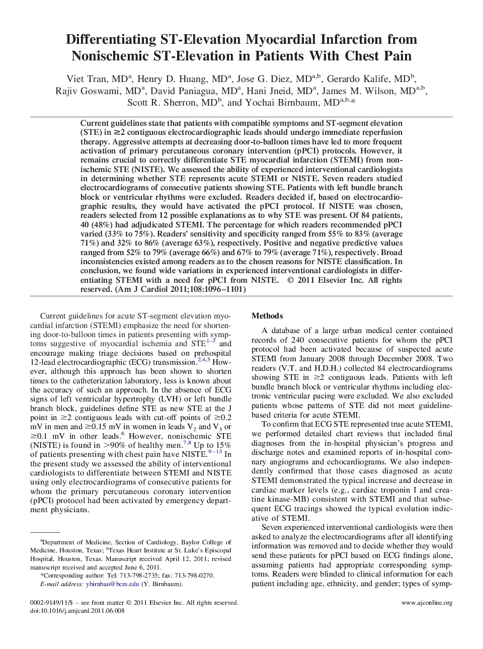 Differentiating ST-Elevation Myocardial Infarction from Nonischemic ST-Elevation in Patients With Chest Pain
