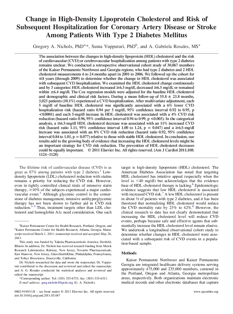 Change in High-Density Lipoprotein Cholesterol and Risk of Subsequent Hospitalization for Coronary Artery Disease or Stroke Among Patients With Type 2 Diabetes Mellitus 