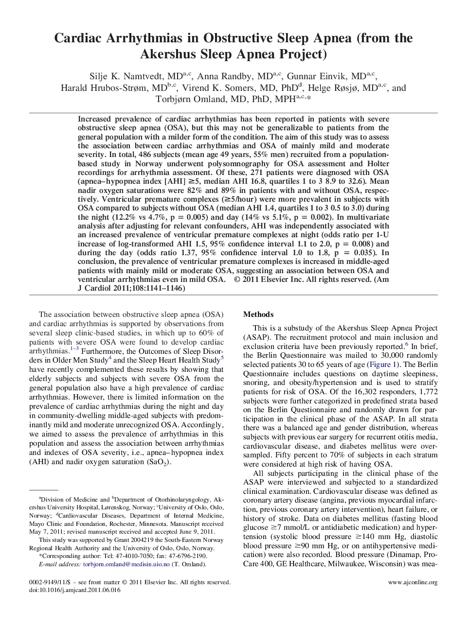 Cardiac Arrhythmias in Obstructive Sleep Apnea (from the Akershus Sleep Apnea Project) 