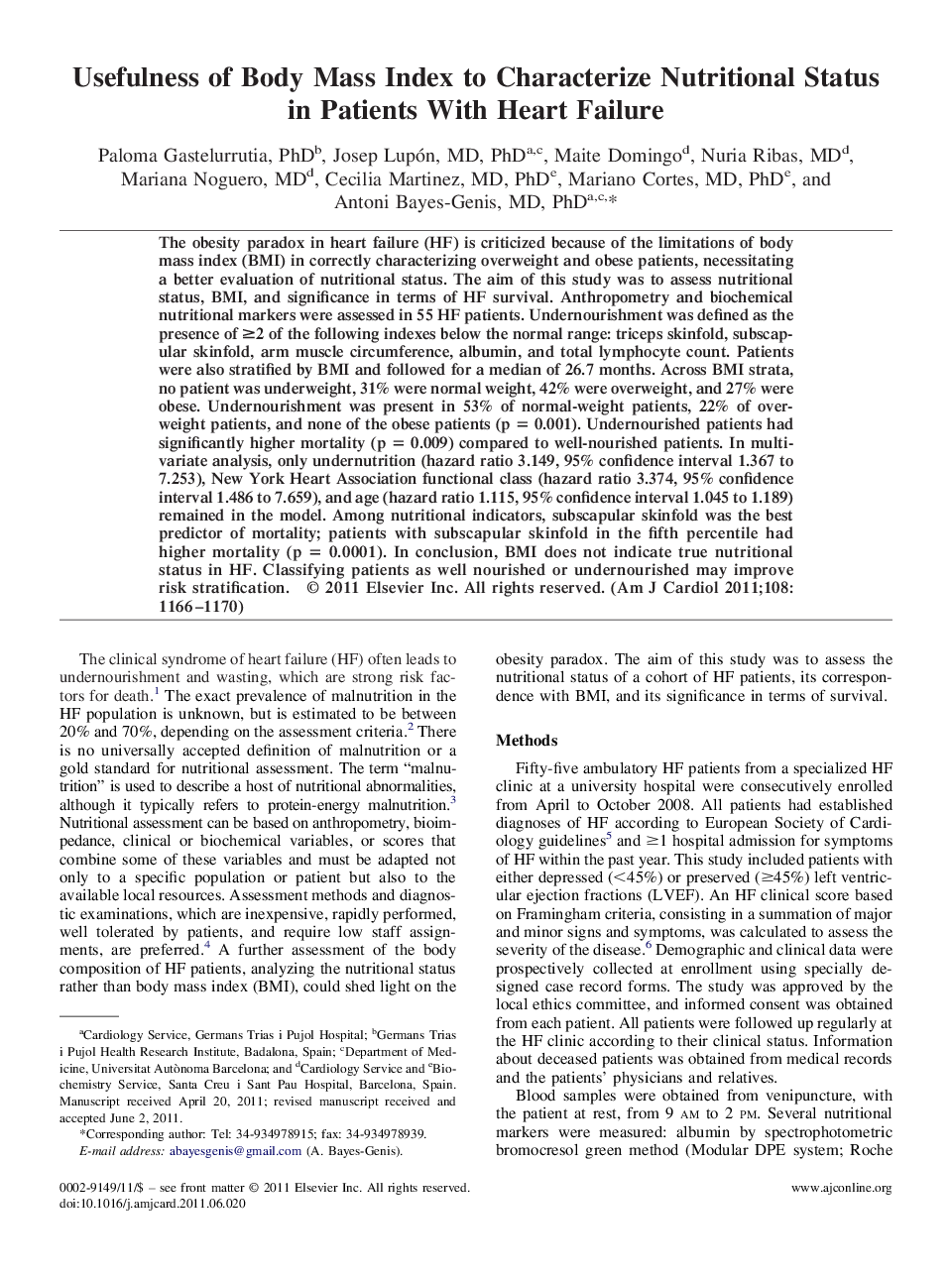 Usefulness of Body Mass Index to Characterize Nutritional Status in Patients With Heart Failure