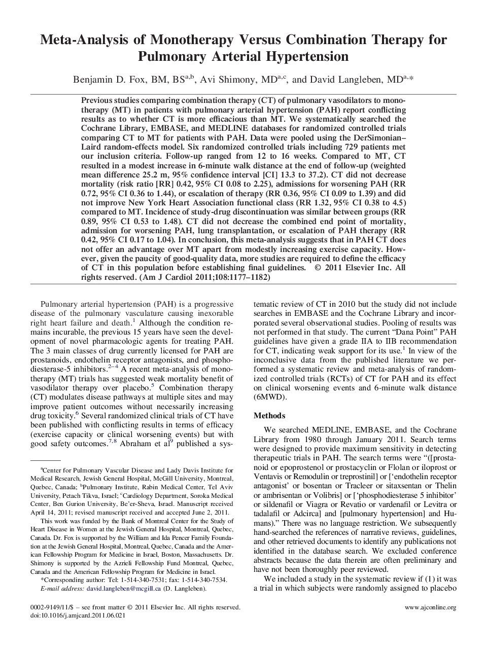 Meta-Analysis of Monotherapy Versus Combination Therapy for Pulmonary Arterial Hypertension 