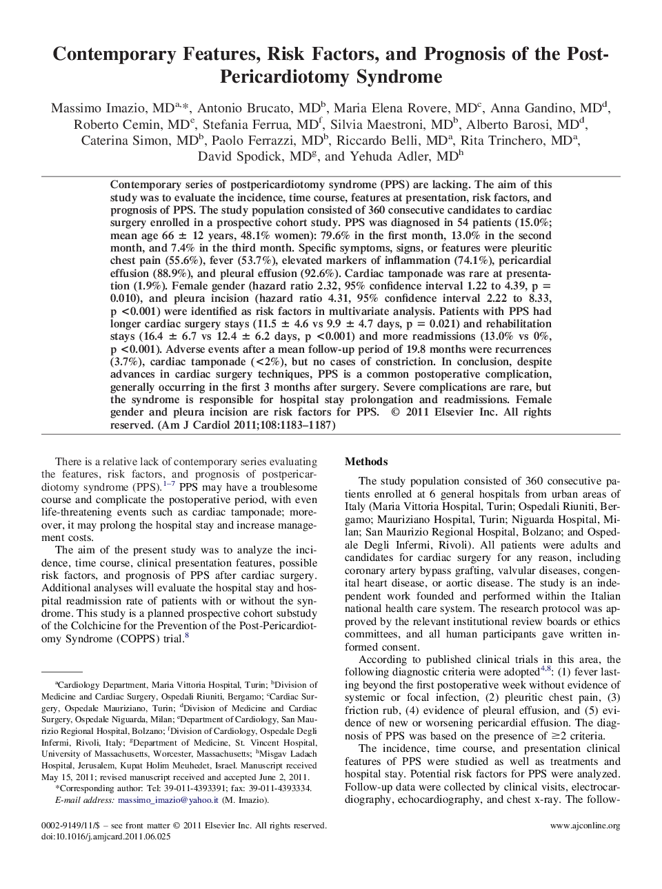 Contemporary Features, Risk Factors, and Prognosis of the Post-Pericardiotomy Syndrome