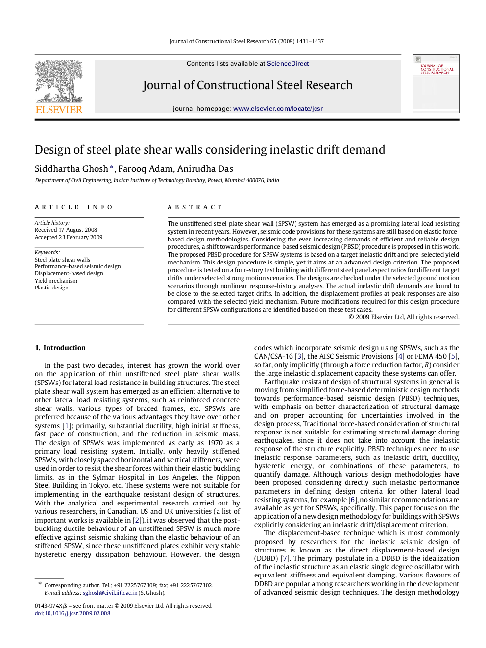 Design of steel plate shear walls considering inelastic drift demand