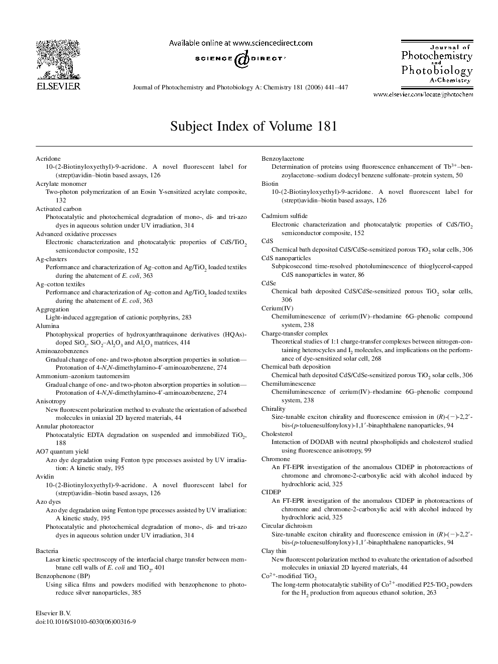 Subject Index of Volume 181