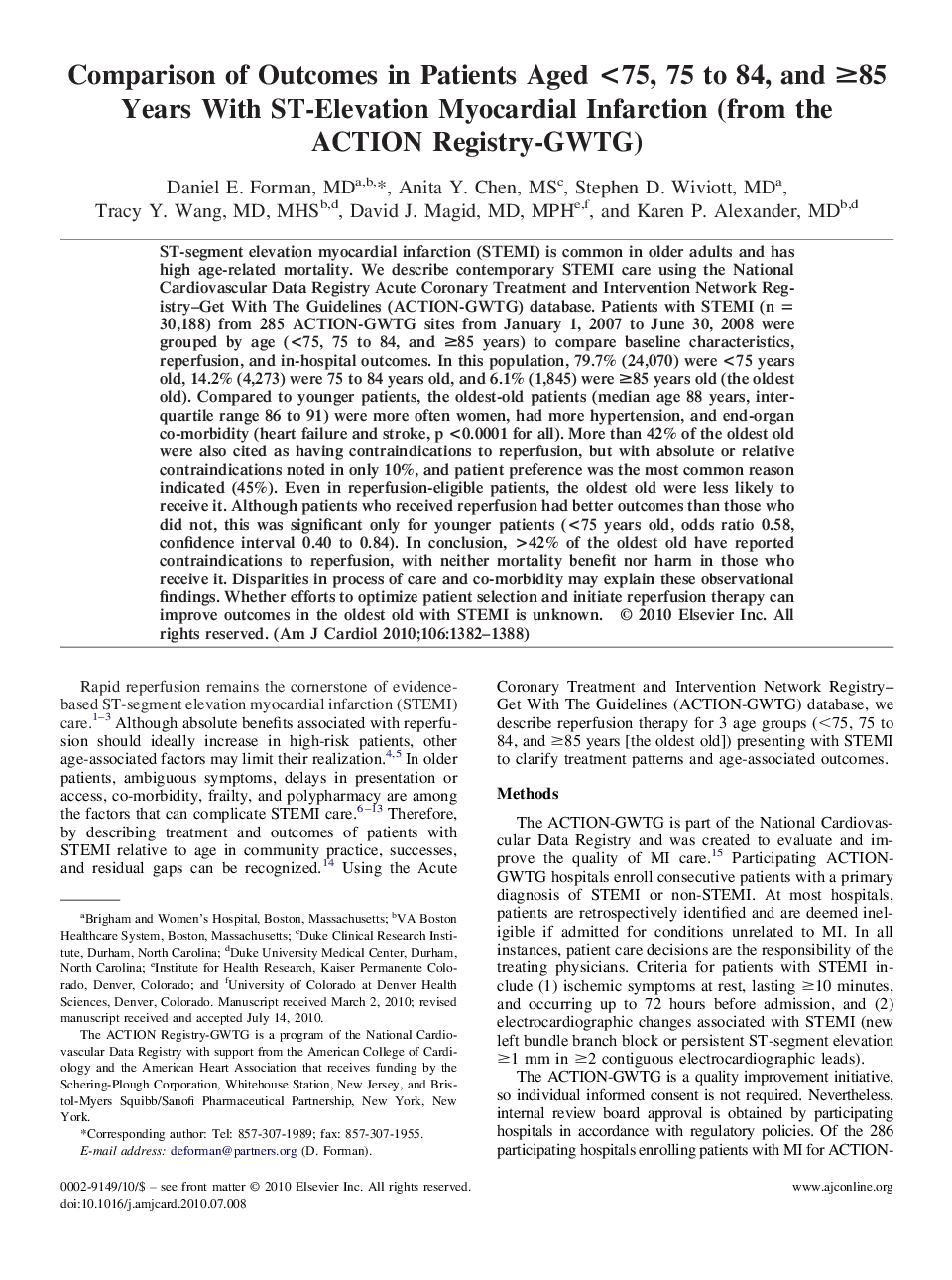 Comparison of Outcomes in Patients Aged <75, 75 to 84, and ≥85 Years With ST-Elevation Myocardial Infarction (from the ACTION Registry-GWTG) 