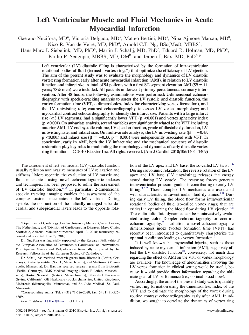 Left Ventricular Muscle and Fluid Mechanics in Acute Myocardial Infarction 