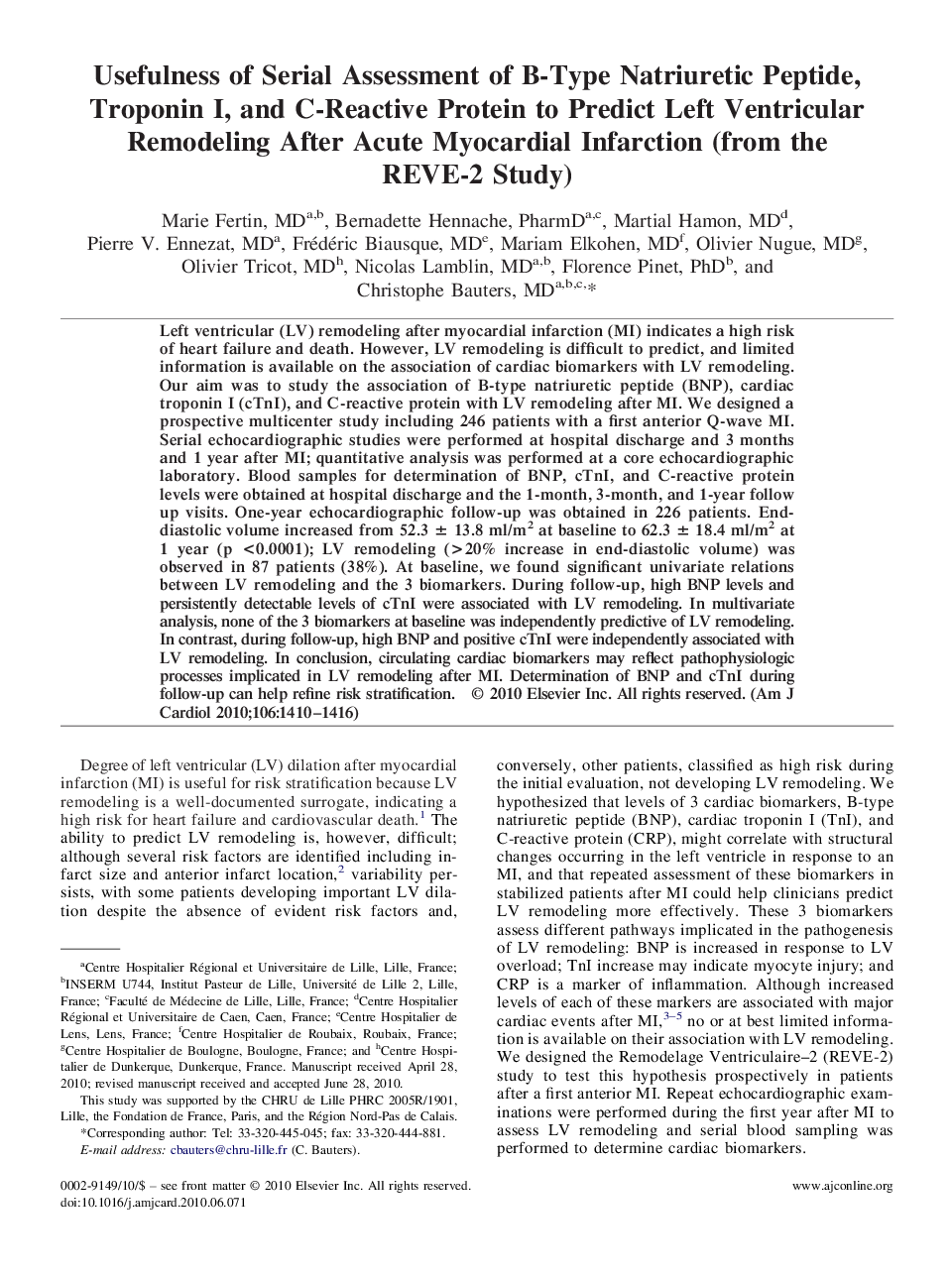 Usefulness of Serial Assessment of B-Type Natriuretic Peptide, Troponin I, and C-Reactive Protein to Predict Left Ventricular Remodeling After Acute Myocardial Infarction (from the REVE-2 Study) 
