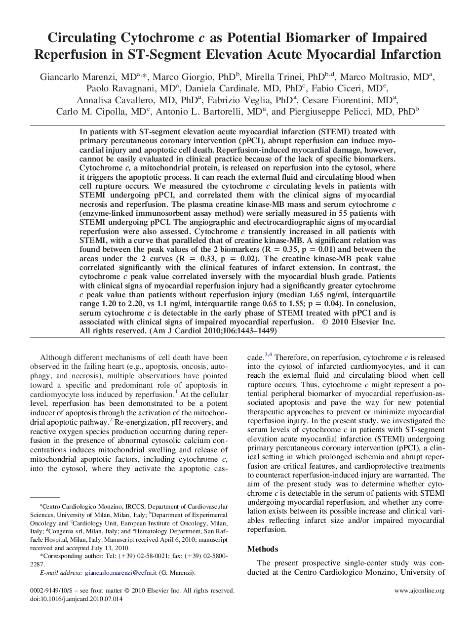 Circulating Cytochrome c as Potential Biomarker of Impaired Reperfusion in ST-Segment Elevation Acute Myocardial Infarction