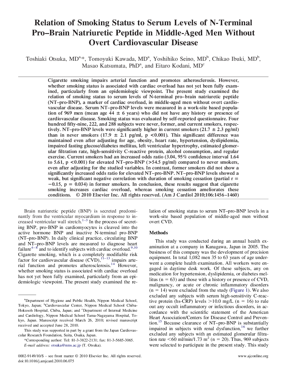 Relation of Smoking Status to Serum Levels of N-Terminal Pro–Brain Natriuretic Peptide in Middle-Aged Men Without Overt Cardiovascular Disease 