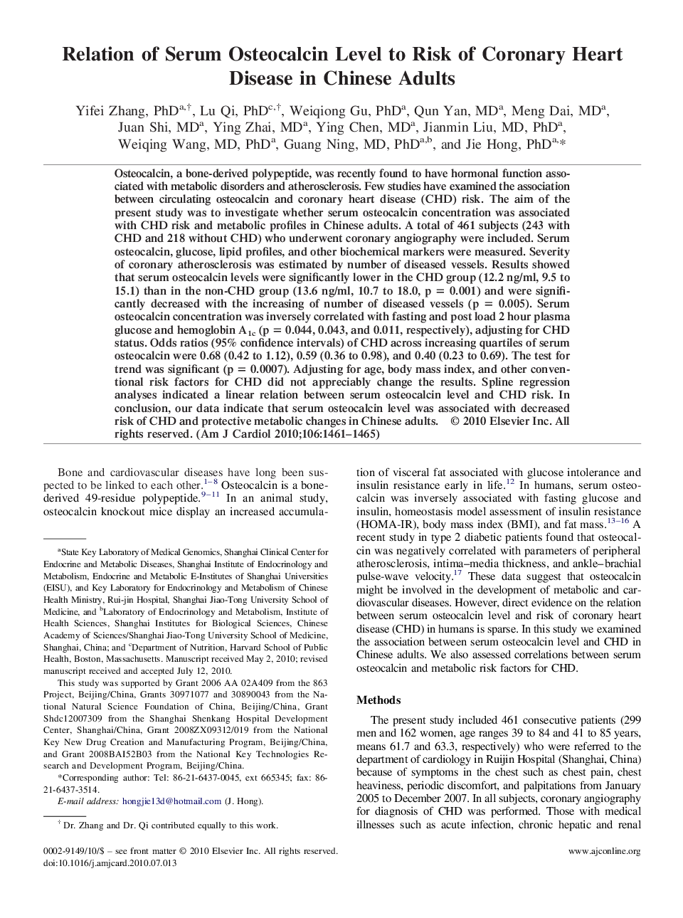 Relation of Serum Osteocalcin Level to Risk of Coronary Heart Disease in Chinese Adults