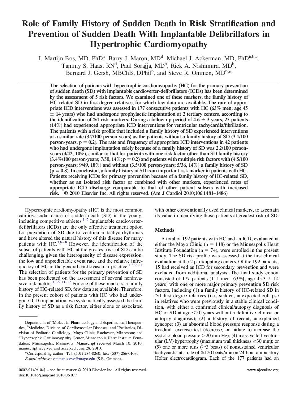 Role of Family History of Sudden Death in Risk Stratification and Prevention of Sudden Death With Implantable Defibrillators in Hypertrophic Cardiomyopathy