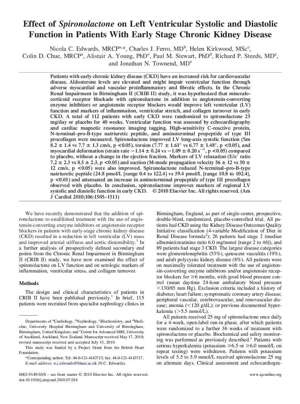 Effect of Spironolactone on Left Ventricular Systolic and Diastolic Function in Patients With Early Stage Chronic Kidney Disease 