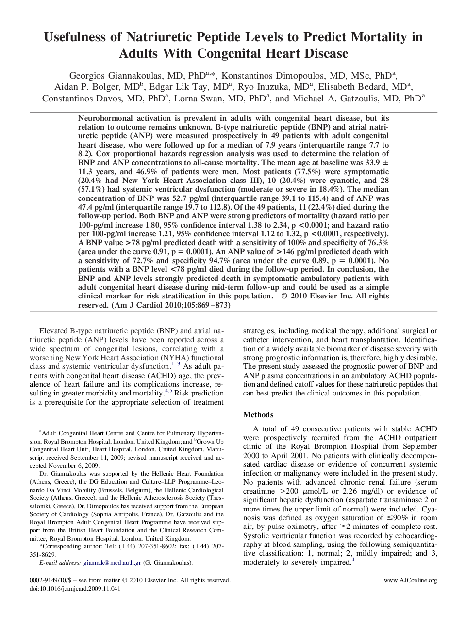 Usefulness of Natriuretic Peptide Levels to Predict Mortality in Adults With Congenital Heart Disease 