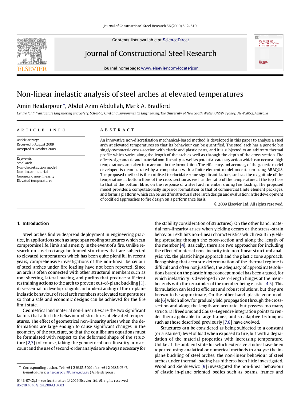 Non-linear inelastic analysis of steel arches at elevated temperatures