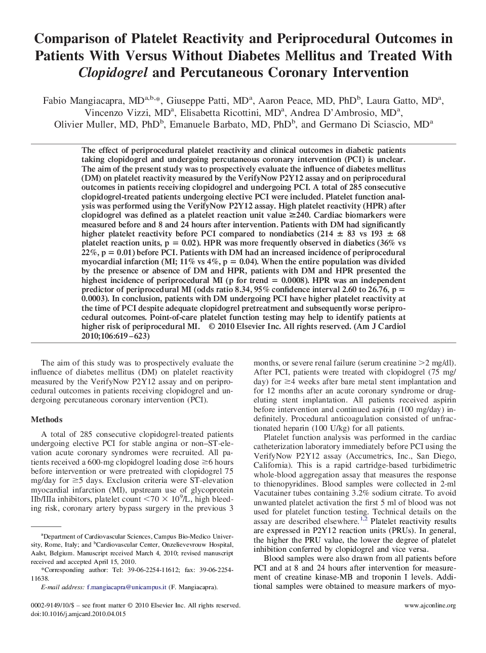 Comparison of Platelet Reactivity and Periprocedural Outcomes in Patients With Versus Without Diabetes Mellitus and Treated With Clopidogrel and Percutaneous Coronary Intervention