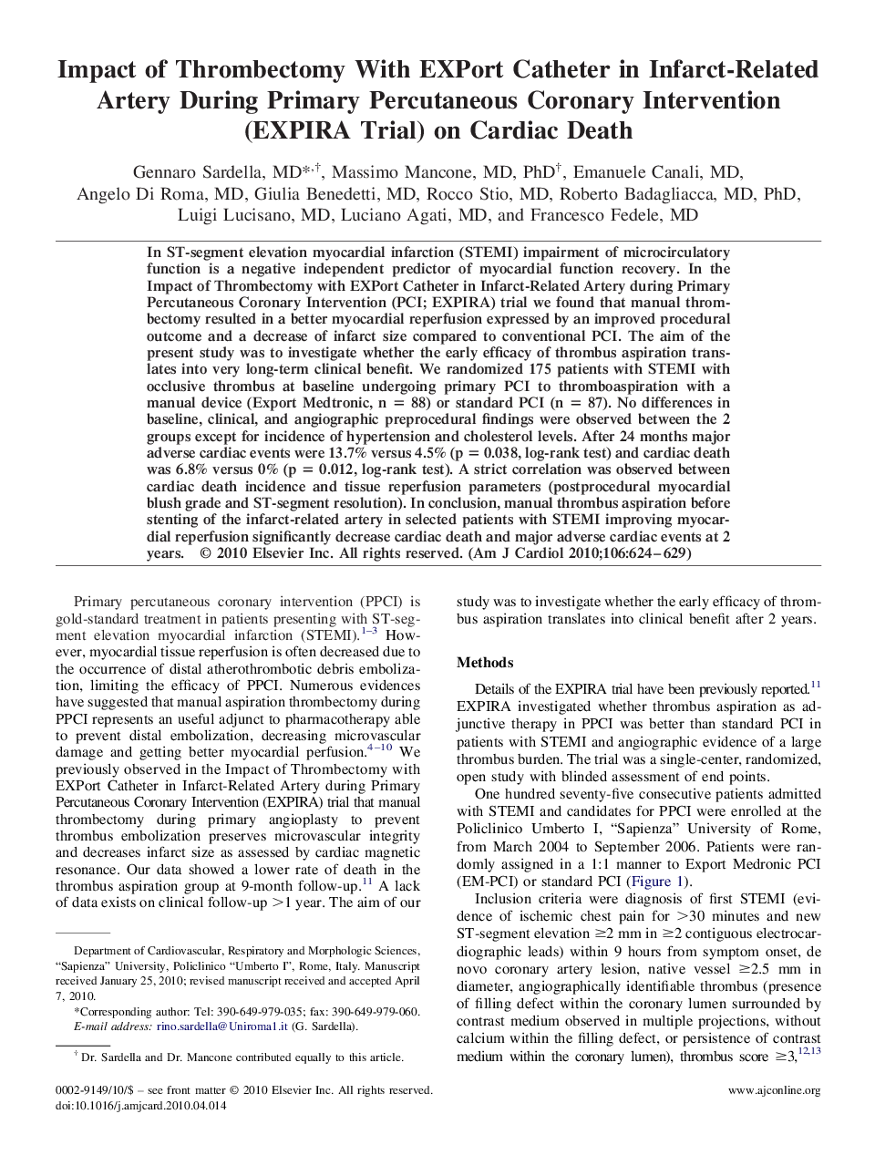 Impact of Thrombectomy With EXPort Catheter in Infarct-Related Artery During Primary Percutaneous Coronary Intervention (EXPIRA Trial) on Cardiac Death